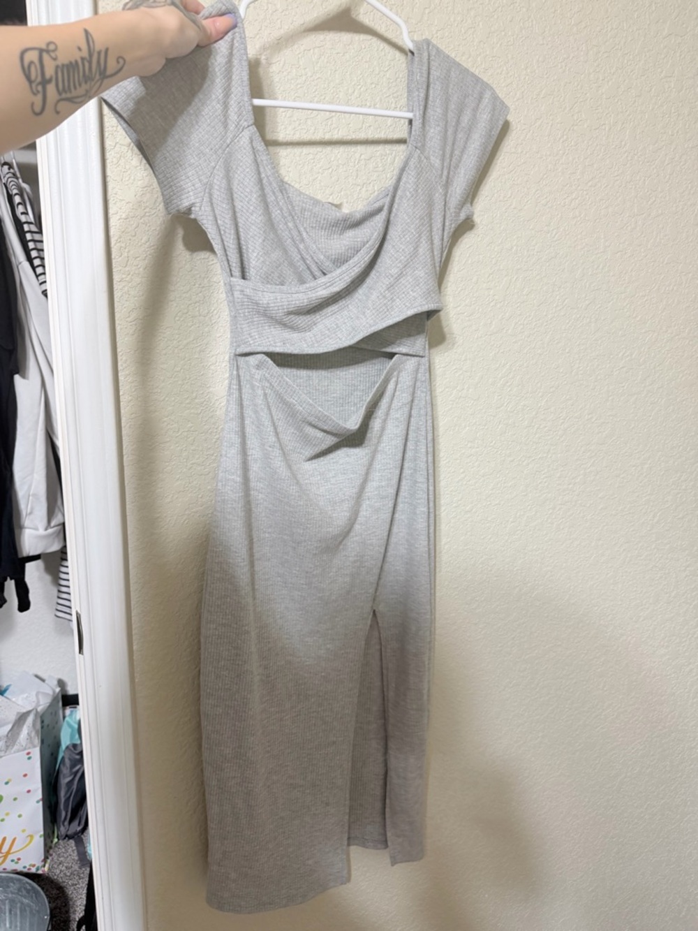 Light Gray Ribbed Midi Dress with Draped Neckline